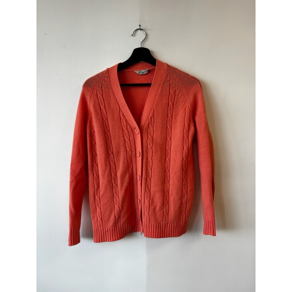 Vintage K-Mart Cardigan Sweater Womens Large Coral‎ Pink Cable Knit 80s 70s